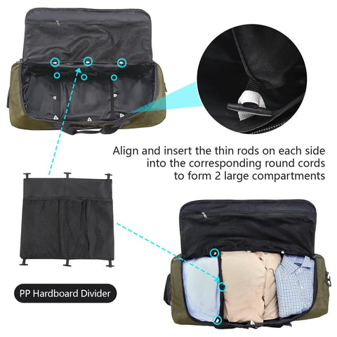 Expandable To 140L Duffle Bag With 2 Beefy Wheels, showing open dual compartments with divider assembly method.