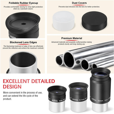 1.25 Inch Telescope Eyepiece Kit With 6mm 12.5mm And 32mm Plossl Lenses, 2x Barlow Lens, T2 Camera Connector, and accessories.