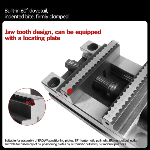 Five Axis CNC Self Centering Vise With Detachable Jaws ZF-70-100 For Precision Milling, 6 To 80mm Clamping Range, Positive Jaw 28-80mm And Reverse Jaw 6-54mm, Compact 100x71x52mm Size, Easy Setup, Beefy Pro Grade Build, 60° dovetail jaw detail