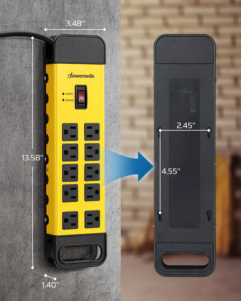 Front and back view of 10 Outlet Power Strip With 15ft Cord And Flat Plug UL Listed Surge Protector 1440 Joules Heavy Duty