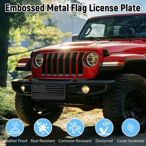 Flag 6x12 Inch Aluminum License Plate Frame With Thick 3D Embossed Metal Tag on red Jeep, black anodized finish