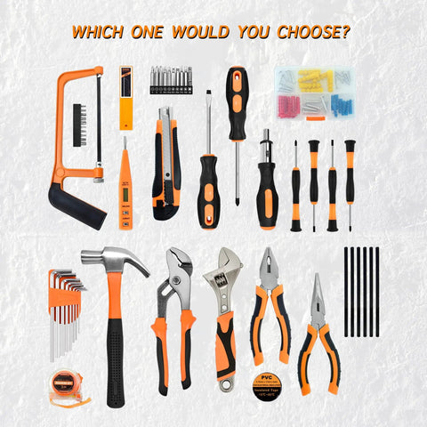 148-Piece Home Repair Tool Kit With Case For DIY Projects, Dorm Essentials, And Everyday Home Maintenance For Men, Women, And College Students, Durable Chrome-Plated Hand Tools Built To Last shown laid out with various tools.