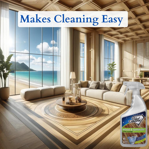 Luxury living room with ocean view and All In One Floor Cleaner Spray For Wood Laminate Hardwood And Luxury Vinyl Floors visible.
