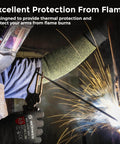 Welding with Core Arm Protection Sleeves S081 10 Pairs With Thumbhole, ANSI A5 Cut and Flame Resistant, showing sleeve in use.