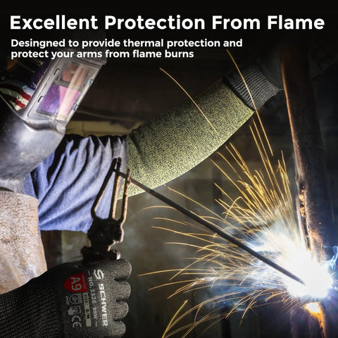 Core Arm Protection Sleeves S081, ANSI A5 cut resistant with thumbhole, flame resistant welding sleeve in use.