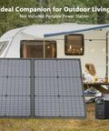 110W Portable Foldable Solar Panel With IP67 Waterproof Rating displayed outside RV near power station