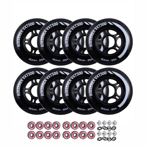 Black 80mm inline skate wheels with bearings, spacers, and washers; durable replacement roller blade wheels for indoor and outdoor skating.