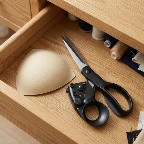 Infrared Laser Guided Scissors For Fabric And Paper Cutting With Dope Precision Laser Line in wooden drawer with sewing items