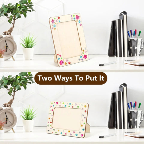 6 Unfinished Wood Picture Frames DIY Kit With 4 By 6 Inch Photos on a desk, two orientation options, decorated with stickers.