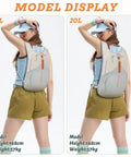 Model displaying Ultralight 15L Daypack For Travel And Outdoors, Foldable Packable Backpack in beige, shown in two sizes: 15L and 20L.
