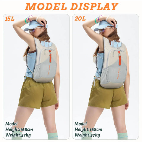 Model displaying Ultralight 15L Daypack For Travel And Outdoors, Foldable Packable Backpack in beige, shown in two sizes: 15L and 20L.
