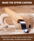 Left Handed Hook Whittling Knife Cut From Heavy Duty Carbon Steel For Easy Bowl And Kuksa Turning, showcasing oak handle and curved blade.