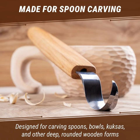 Left Handed Hook Whittling Knife Cut From Heavy Duty Carbon Steel For Easy Bowl And Kuksa Turning, showcasing oak handle and curved blade.