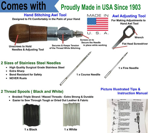 Heavy Duty Sewing Awl Repair Tool For Bounce Houses Inflatables Leather Thick Fabric Shoes Bags And Upholstery Includes Needles And Thread Made In USA Pro Grade