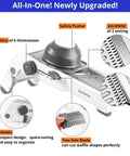24-in-1 mandoline slicer with waffle fry cutter blade; adjustable thickness, safety pusher, foldable compact design