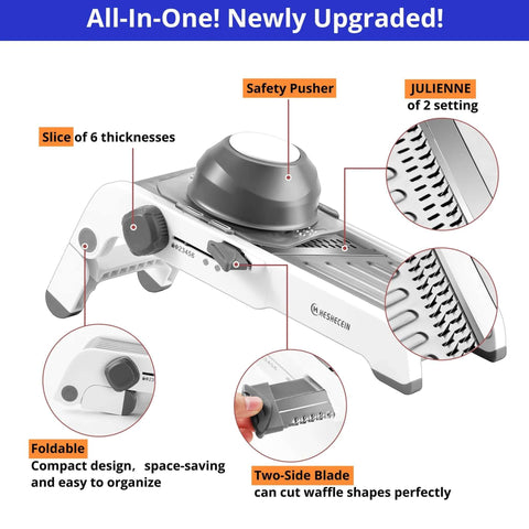 24-in-1 mandoline slicer with waffle fry cutter blade; adjustable thickness, safety pusher, foldable compact design