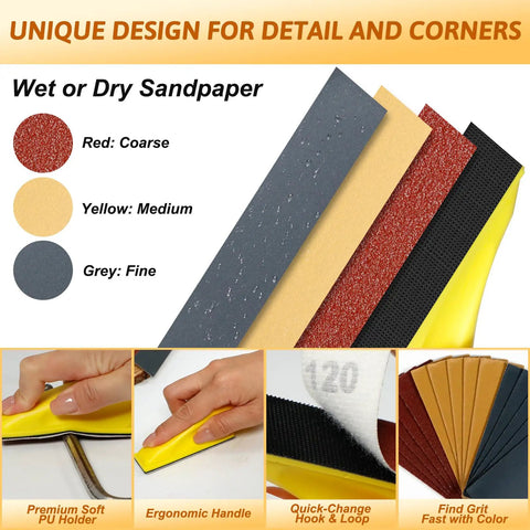 180 Pcs Mini Sanding Kit With Nine Grits From 80 To 1000 Sandpaper And Finger Sanding Blocks, color-coded for woodwork and repairs