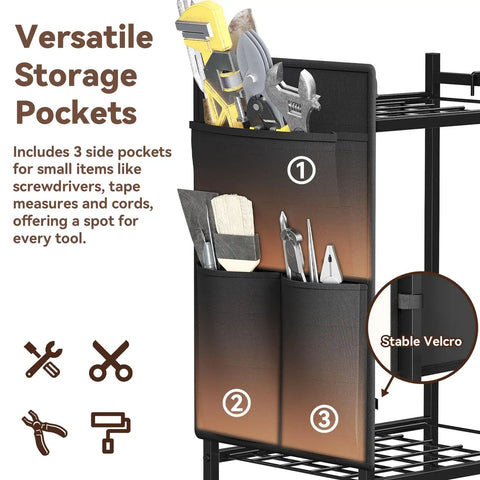 Close-up of Rolling Garden Tool Organizer With Wheels showing large tool bags with pockets for small tools.