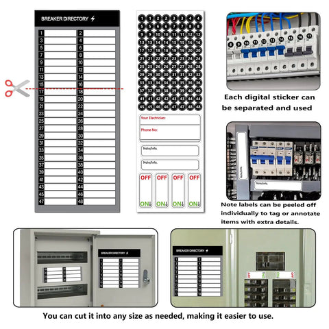 Slick Complete Electrical Panel Labels Kit With 48 Circuit Breaker Tabs includes directory sheet, digital stickers, and breaker notes for clear organization.