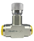 TaixinHyd hydraulic flow control needle valve, 1/4 in NPT, two-way throttle check, metal body with yellow end caps.