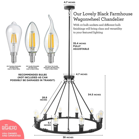 Dope Large Wagon Wheel Chandelier With Ten Lights In Black Rustic Farmhouse Pendant Lighting For Living Room, bulbs shown