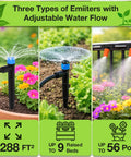 Three types of emitters in action from Drip Irrigation System Kit For 300 Feet With 100 Feet Of Half Inch Tubing And 200 Feet Of Quarter Inch Tubing Fittings Adjustable Emitter No Tools Required Automatic Garden Misting For Greenhouse Lawn Raised Beds And Potted Plants.