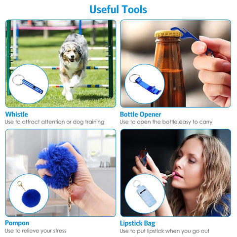 Everyday Safety Keychain Set For Women And Kids With No Touch Door Opener, Whistle, Pom Pom, Bottle Opener and Lipstick Bag