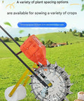 Walk Behind Garden Seeder With 12 Seeding Nozzles For Precision Row Planting, Hand Push Manual Planter on grassy field