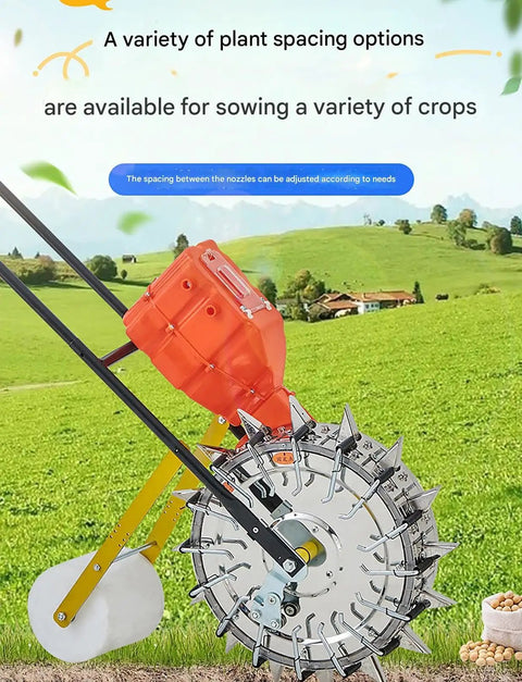 Walk Behind Garden Seeder With 12 Seeding Nozzles For Precision Row Planting, Hand Push Manual Planter on grassy field