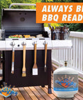 20 Pound Steel Propane Tank With Type 1 Overflow Protection Valve For Grills And BBQs DOT Approved Cylinder next to gas grill
