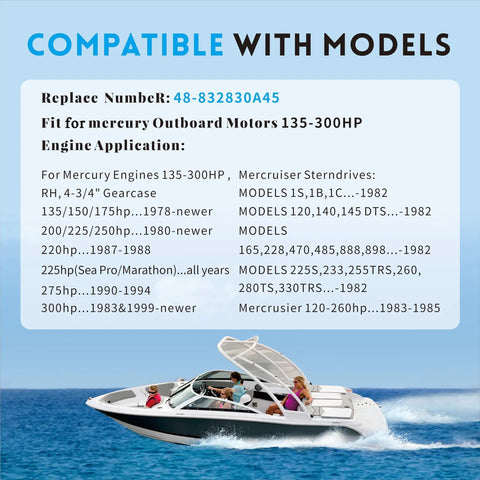 Boat on water with text detailing compatibility for Heavy Duty 14.5 By 19 Inch Aluminum Boat Propeller Three Blade Right Hand Rotation With 15 Tooth Spline