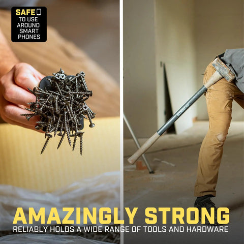 Magnetic Tool And Hardware Holder Clip On Belt Holster gripping screws, attached to belt holding hammer, hands-free tool access.