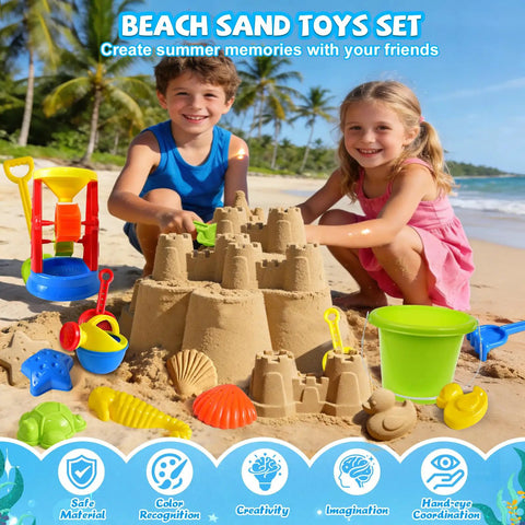 Children playing with Epic 19-Piece Beach Sand Toy Set For Kids Ages 3 To 13 Includes Bucket, Water Wheel, Molds on the beach.