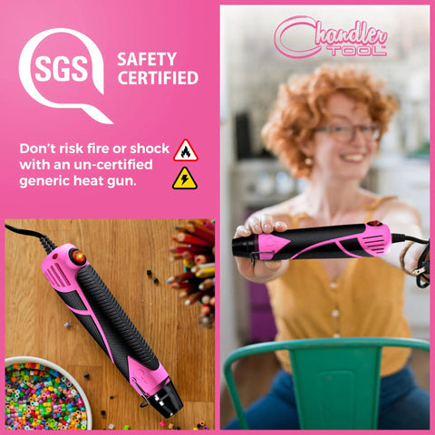 Mini Dual Temp Heat Gun for Crafting, pink and black, shown in use with beads, highlighting safety certification.