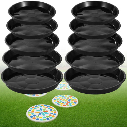 10 Round Stepping Stone Molds Set With 5 Sizes From Eight Point One To Ten Point Eight Inches Reusable Plastic Concrete Molds on grass
