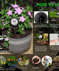 4-In-1 Soil Tester Battery-Free Metal Probe in plant pot showing usage steps with oversized dial and rotating head in garden setting.
