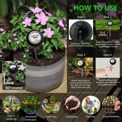 4-In-1 Soil Tester Battery-Free Metal Probe in plant pot showing usage steps with oversized dial and rotating head in garden setting.