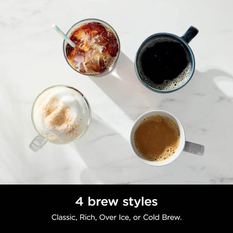 Top view of four different coffee brew styles from the Hot And Iced XL Coffee Maker With Rapid Cold Brew Four Brew Styles.