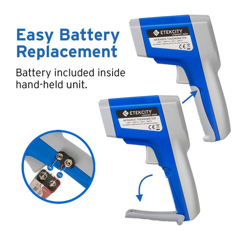 Non Contact Infrared Thermometer With Dual Laser For Objects, Adjustable Emissivity, 12 To 1 Distance To Spot, Measures -50C To 550C (58F To 1022F), Standard Size, Blue And Gray, Not For Human Use, Quick Read For Home DIY Or Shop, battery replacement view