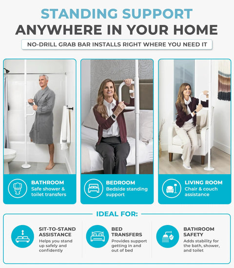 Tension Mounted Floor To Ceiling Transfer Pole With A Swivel Grab Bar And Rock Solid Grip For Bathroom Safety Senior Assist And No Sweat Daily Mobility Support In White, installed for bathroom, bedroom, and living room use.