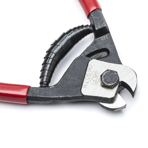 Close-up of Heavy Duty Wire Cutter For 3/16 Inch Hard Wire Rope And 1/4 Inch Soft Cable Kickass Clean Shear Cut For Piano Wire And Aircraft Cable 7.5 Inch 0690TN Pro blades and handles.