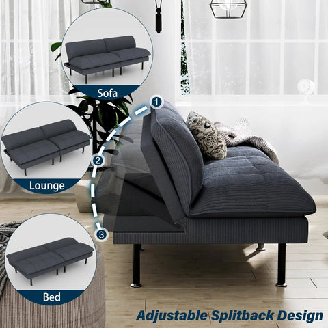 70 Inch Futon Sofa Bed With Adjustable Backrest 4 In 1 Convertible Couch Sleeper Transforms From Sofa To Recliner To Chaise Ideal For Living Room Or Office Space Saving Small Space Furniture Modern Grey showing splitback design in a room