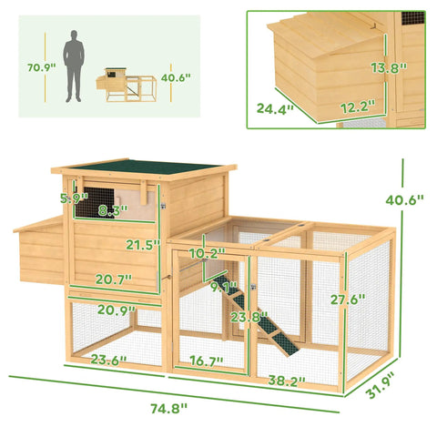 Dimensions of 75 Inch Wooden Chicken Coop With Nesting Box And Removable Tray, Outdoor Hen House With Ramp Run, Natural Wood