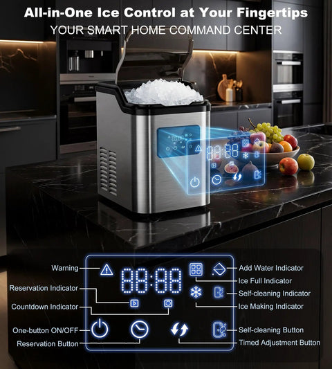 Gotta Have This Countertop Nugget Ice Maker with digital controls, stainless steel body, producing pebble ice in modern kitchen.