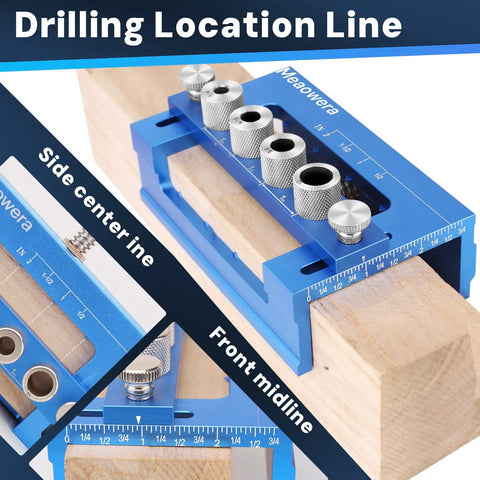 All In One Doweling Jig Kit And Biscuit Jointer Set For Precision Woodworking Joinery with measurement lines displayed