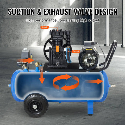 Air Compressor Pump Head 3HP Twin Cylinder Oil Lubricated Piston Pump Head displayed with suction and exhaust valve design diagram