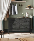 Roomy Five Drawer Fabric Dresser For Bedroom And Living Room Storage With Drawer Organizers, Charcoal Black Wood Grain Print
