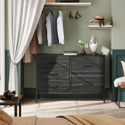 Roomy Five Drawer Fabric Dresser For Bedroom And Living Room Storage With Drawer Organizers, Charcoal Black Wood Grain Print