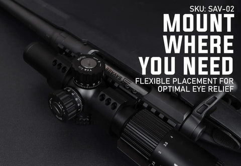Close-up of Savage Axis Picatinny Rail Mount 0 MOA with scope for Axis rifles, showing mounting flexibility and factory holes use.