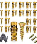 6x14mm Short Expansion Screw Set For Cabinet Hinge Repair And Stripped Thread Restoration, Door Hinge Hole Repair Kit For 6mm Holes In Tiles, Stone, Wood, 200Pcs Quick Fix No Sweat Install image of gold screws and gloves.